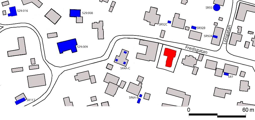 Figur 3. Karta med de närmaste utförda arkeologiska undersökningarna enligt Stadsarkeologiskt register och Malmö museers arkiv. Undersökningsområdet är rödmarkerat. A Anl. 12 Figur 4.