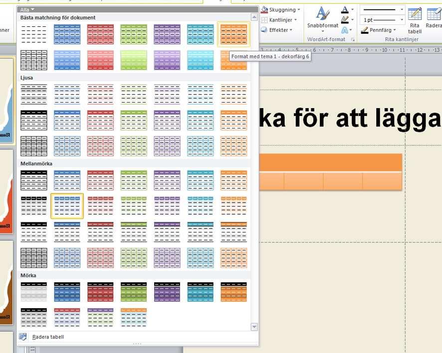 någon av de standardtabeller som finns i designfliken i