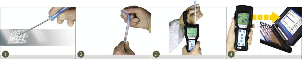 Bild 1. ATP-mätning. 1) Provtagning sker med ett ATP-svabbtest. 2) Testet aktiveras i provröret med ett tryck. 3) Provet laddas i ATP-mätaren.