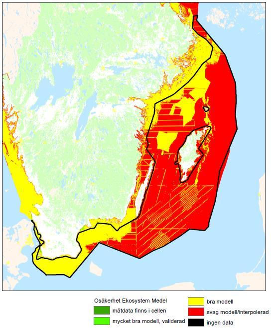 Figur 11 Aggregerad osäkerhet för Östersjön, baserad på data över ekosystemkomponenter. I de röda områdena är kunskap om naturvärden låg och därmed blir modellen svagare jämfört med t.ex.