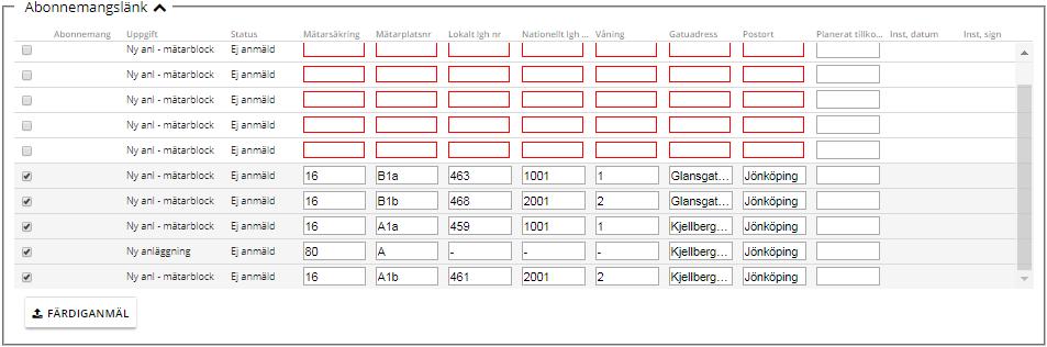 Flerfamiljshus När du ska färdiganmäla flerbostadshus kan Abonnemangslänken se ut som exemplet nedan dvs. en rad för respektive anläggning. Är det många så kommer det längst till höger en scrollist.