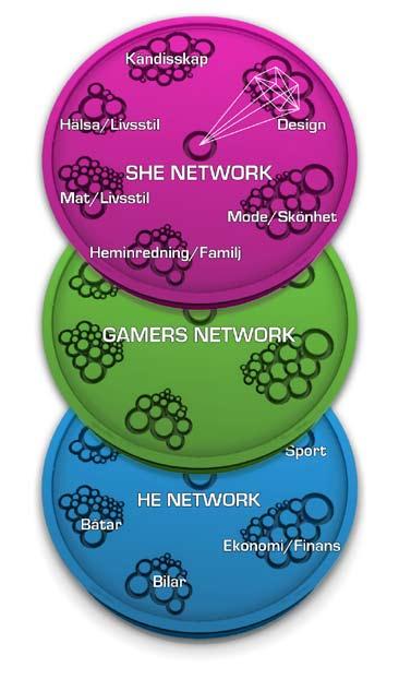 Exempel på kategorisering är Sport, Bilar och Båtar etc. HE NETWORK skall bli den ledande annonskanalen i Sverige för annonsörer som i sin Internetannonsering vill nå manliga intressemålgrupper.
