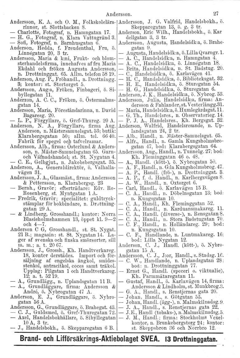 Andersson. 27 Andersson, K. A. och O. M, Folkskolelära-IAndersson, J. G. Valfrid, Handelsbokh., ö. rinn or, st. Slotts backen 8. Skepparegatan 13, ö. g. 3 tro - Charlotte, Fotograf, n. Hamngatan 17.