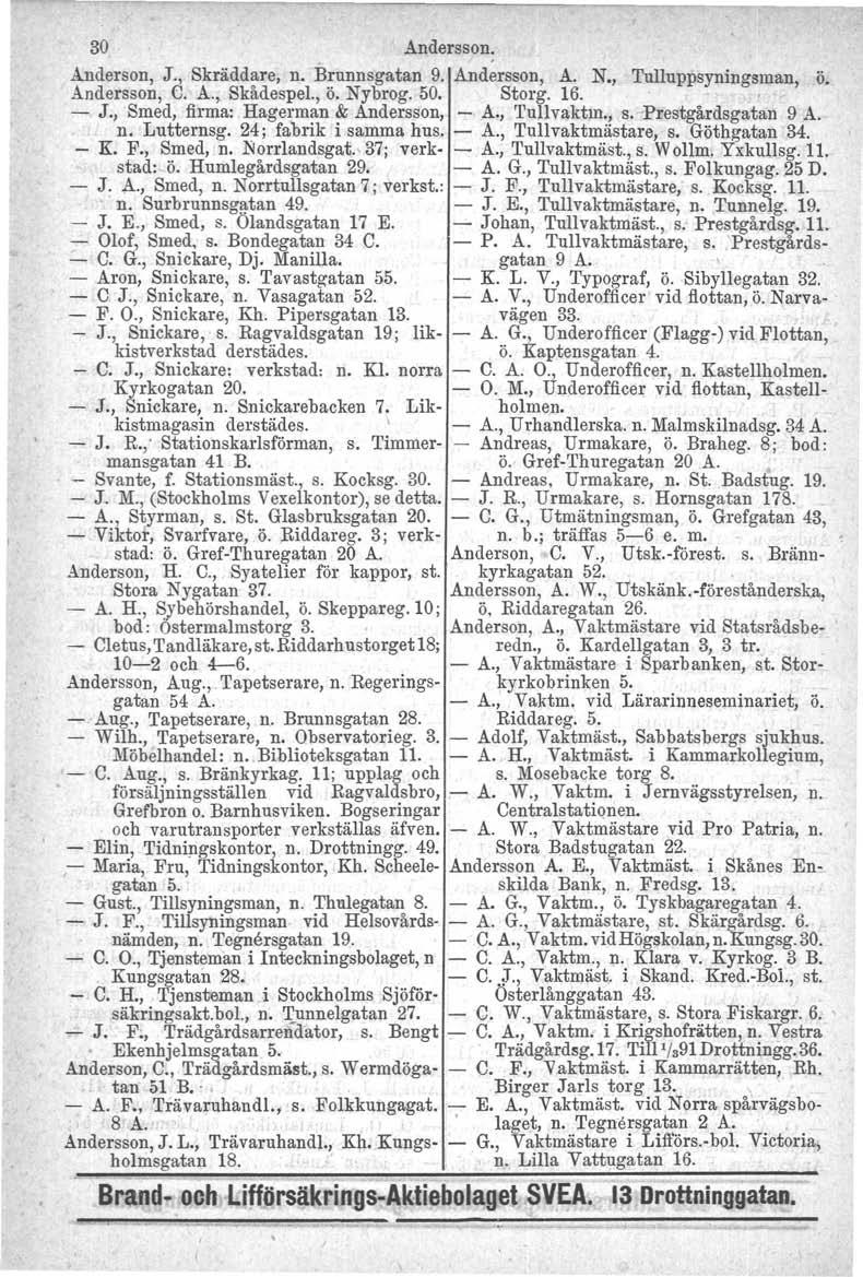 30 Andersson. Anderson, J., Skrädd~re, n. B~unnsgatan 9. Andersson, A. N., Tulluppsyningsman, ö. Andersson, C. A., SkadespeI., o. Nybrog. 50. Storg. 16. ' - J.