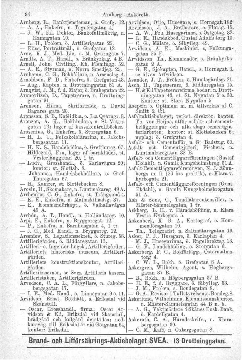 34 Arnberg-Askeroth..Arnberg, R., Banktjensteman, ö. Grefg. 12. Arvidson, Otto, Husegare, s. Hornsgat.182 - A. A., Enkefru, n. 'I'egnårsgatan 4. Arvidsson, J. A., Brefbärare, ö: Florag. 15..- J. W.