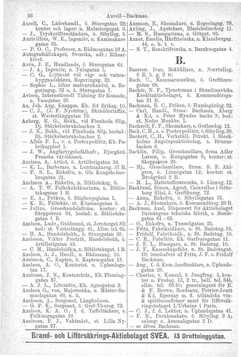 36 Aurell-c-Backman. Aurell, C., Läderhandl., ö. Sturegatan 22; Axenson, E., Skomakare, n. Regeringsg. 78. kontor och lager: n. Malmtorgsgat. 3. Axling, J., Apotekare, Blasieholmstorg 11. - J.