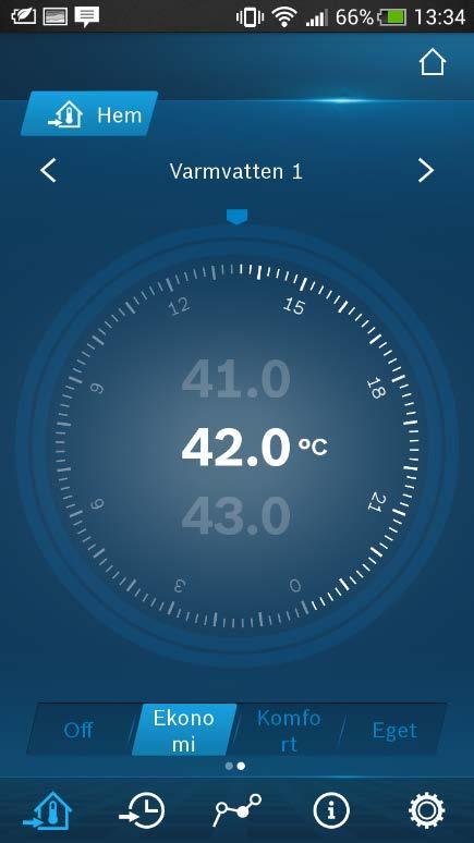 Ändra varmvatteninställningar Startsida Klocka Ställ önskad Starttemperatur varmvatten Växla