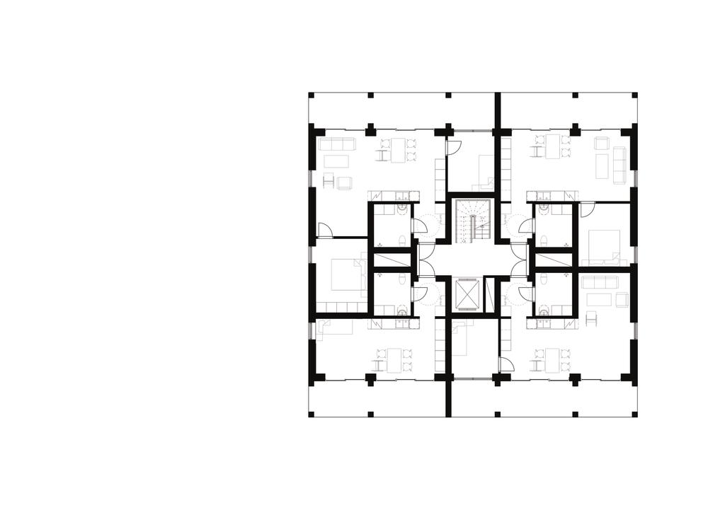 Normalplan / Typical floor plan Punkthus B Fyrspännare 3 R.o.K ca 70 m 2 2 R.o.K ca 52 m 2 Varje lägenhet har stor balkong