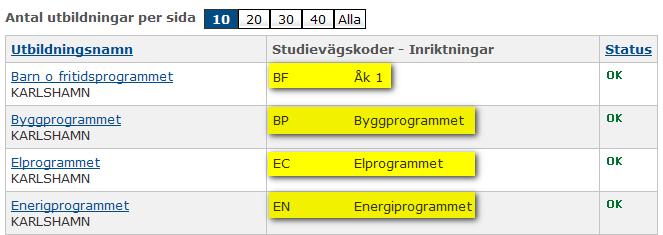 6.3.1 Kontrollera studievägskoder (inriktningar) Kontrollera att rätt studievägskoder (inriktningar) är inlagda för respektive utbildning. Så här gör du för att kontrollera din skolas studievägskoder.