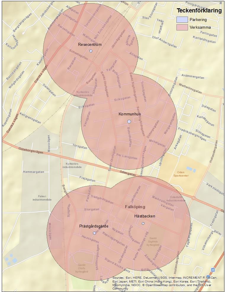 Trivector Traffic Figur 4-2 Kartan illustrerar 400 meters radie (fågelvägen) från några större parkeringsytor i centrala Falköping.