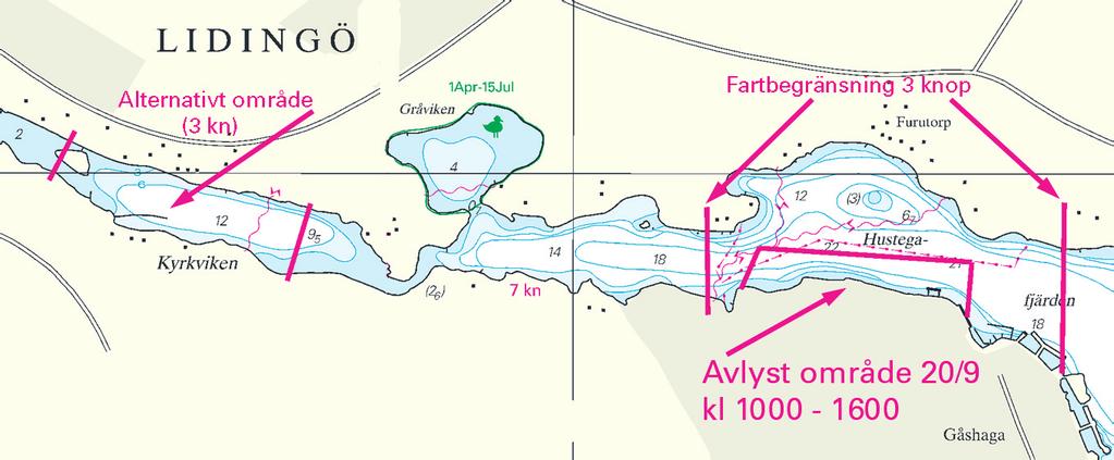 Nr 272 4 Norra Östersjön / Northern Baltic * 5828 (T) Sjökort/Chart: 6142 Sverige. Norra Östersjön. Lidingö. Hustegafjärden och Kyrkviken. Tillfällig fartbegränsning. Avlyst område. Roddtävling.