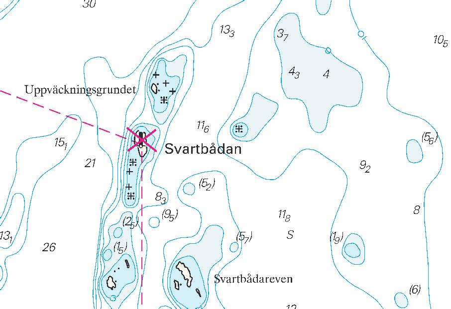 Nr 286 4 Sweden. Northern Baltic. WSW of Revengegrundet light. Svartbådan. Beacon withdrawn. Svartbådan Bn has been withdrawn. Delete Svartbådan Bn 59-14,70N 18-57,80E Sjöfartsverket Stockholm. Publ.