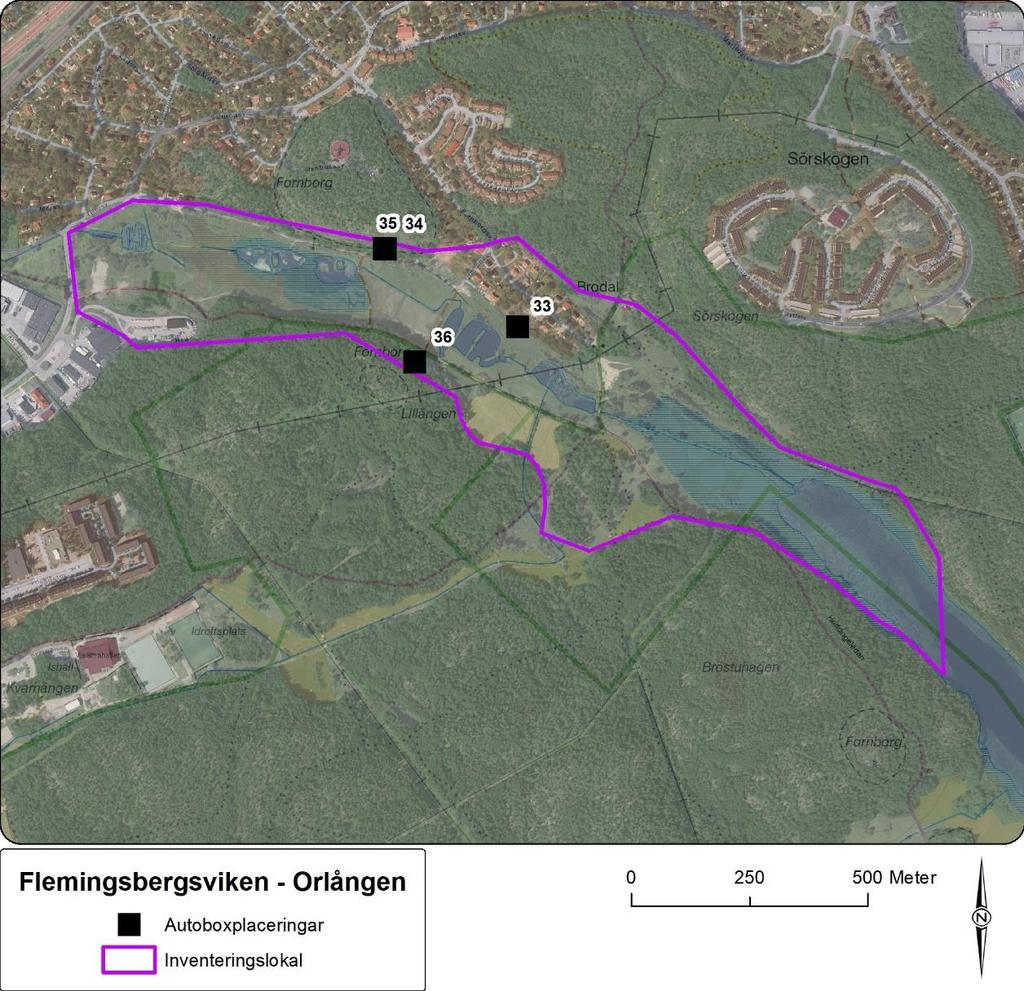 Lokaler i Huddinge kommun Figur 11. Flemingsbergsviken - Orlången inventerades med fyra autoboxar.