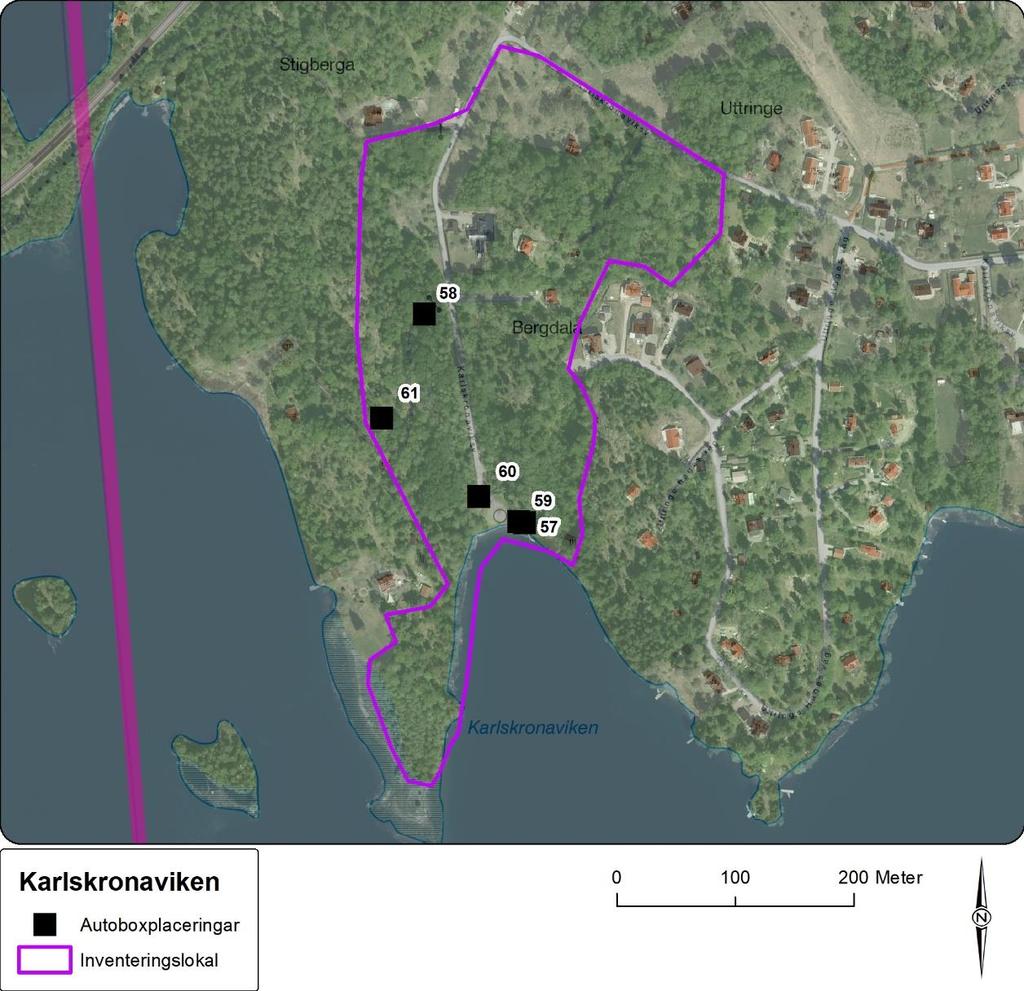 Figur 17. Karlskronaviken inventerades med fyra autoboxar. Autoboxplaceringar 57-59 användes under inventeringsperiod 1, medan autoboxplaceringar 60-61 användes under inventeringsperiod 2.