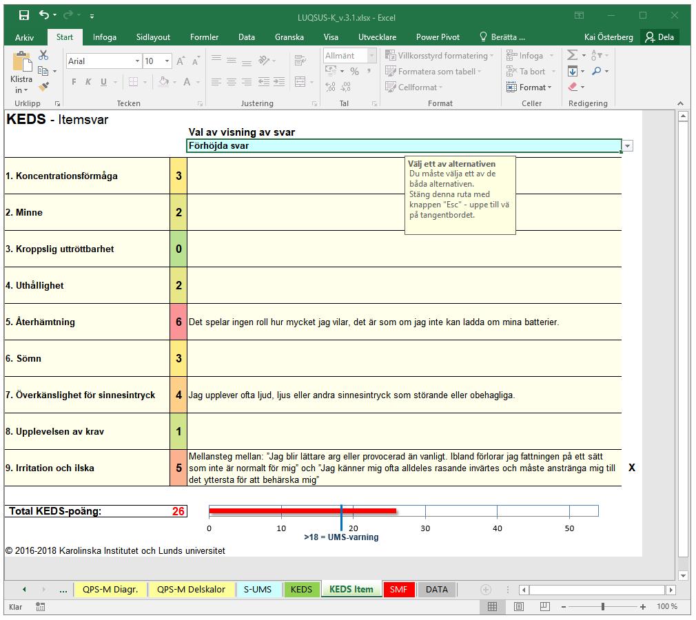 KEDS v.9 Manual till LUQSUS-K v.3.1 används, gråtonas cellerna för item-inmatning och det övre diagrammet, samt statusfältet för inmatning visar texten MANUELLT INMATAD SUMMA.