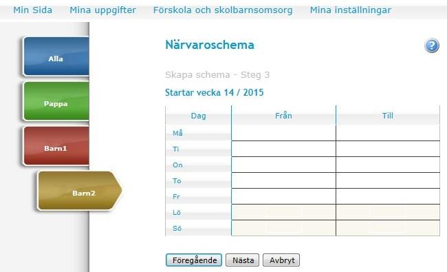 Ange dina tider i fälten Från och Till. Observera att tiderna grundar sig på förälders arbets-/studie- och restid. Nytt schema ska inlämnas i god tid inför stadigvarande förändringar.