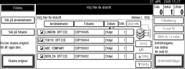 Dokumentserver Referens Handbok för fax Handbok för skanner Dokumentserverdisplay Nedan förklaraa de skärmar och ikoner som visas i funktionen Dokumentserver.