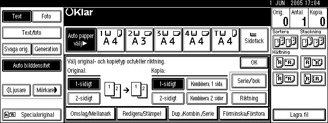 Kopieringsfunktioner A Tryck på [Dup./Kombin./Serie]. B Välj [1-sidigt] eller [-sidigt] för Original och tryck sedan på [Kombinera sidor] för Kopia.