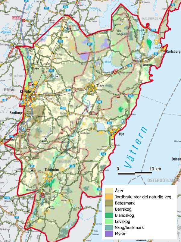 De sydvästra delarna av driftområdet domineras av ett omväxlande och småskaligt landskap med jordbruk, betesmarker och skog. Jordarna växlar mellan främst isälvsmaterial, sand och morän.