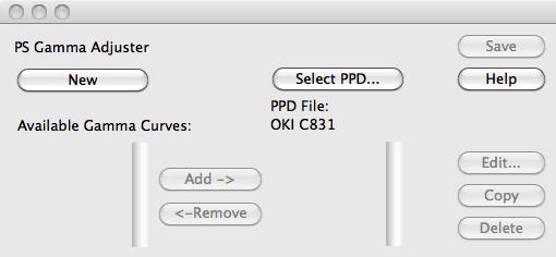 Gemensamma verktyg för Windows/Mac OS X För Mac OS X PS-skrivardrivrutin Skriva ut en fil med justerad gammakurva 1 Öppna verktyget PS Gamma Adjuster Utility. 2 Klicka på [Nytt]. 3 Justera halvtonen.
