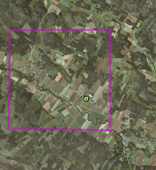 Figur 1. Ett exempel på en gridpunkt i PTHBV. Väderdata presenteras som ett medelvärde för hela området. Gridpunktens storlek, 4 x 4 km, passar bra för att beskriva vädret för en normalstor gård.