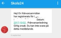 Anmäl via SMS Anmäl barnets frånvaro genom att skicka ett SMS till 073-0121740. I meddelandet anger du ditt barns 10-siffriga personnummer med bindestreck.