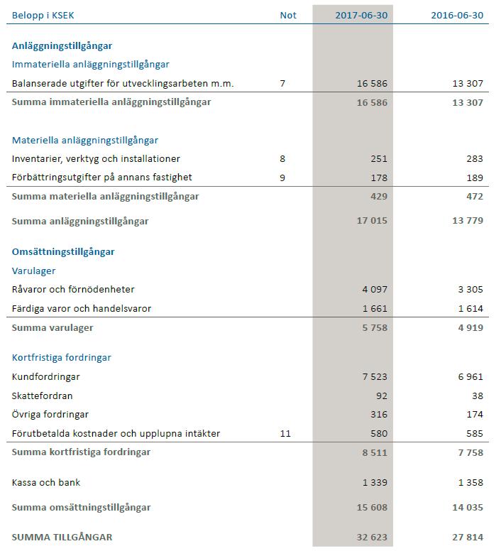 Koncernens balansräkning tillgångar, 2016/2017 Koncernens balanserade utvecklingskostnader uppgick till 16,6 Mkr.