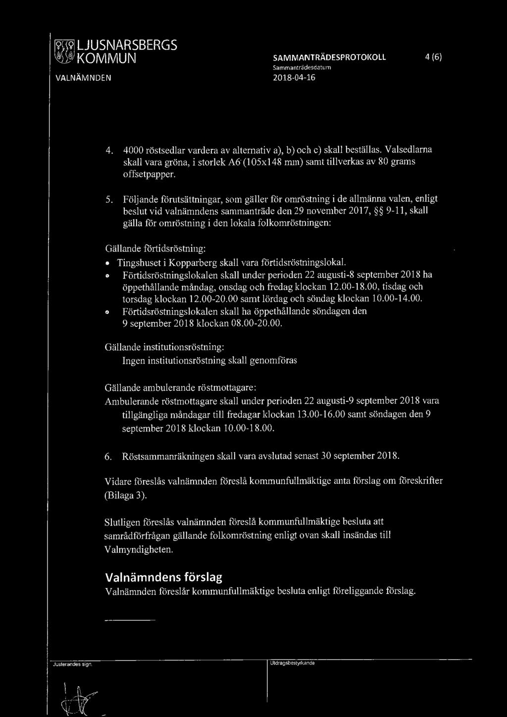 [9191LJUSNARSBERGS ~KOMMUN SAMMANTRÄDESPROTOKOLL 4 (6) Sammanträdesdatum VALNÄMNDEN 2018-04-16 4. 4000 röstsedlar vardera av alternativa), b) och c) skall beställas.