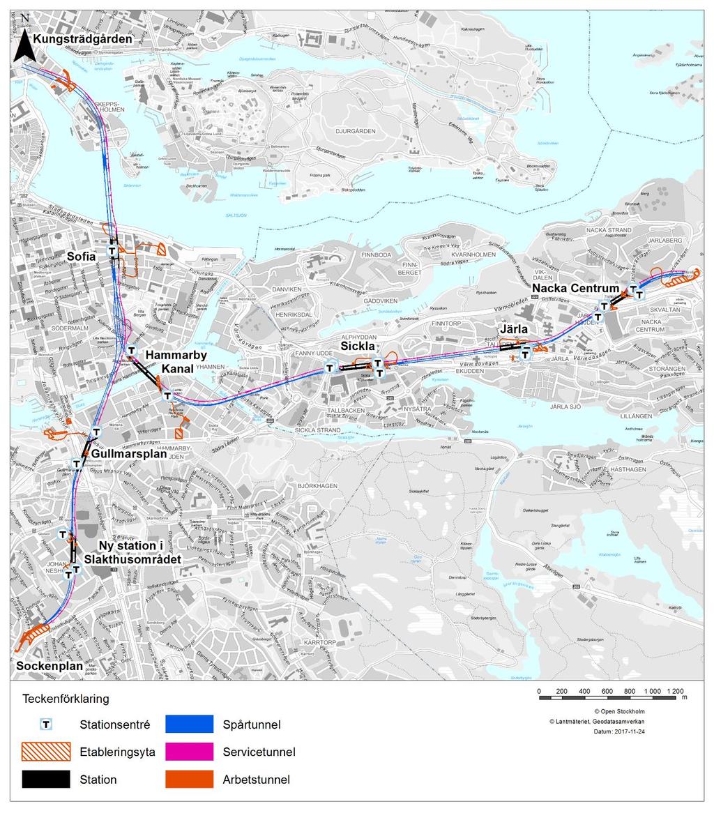 Figur 1. Planerad utbyggnad av tunnelbanan från Kungsträdgården till Nacka och söderort.