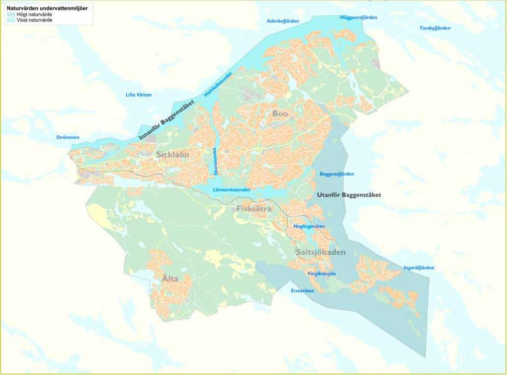 Enligt den kustplan som Nacka kommun upprättat anses naturvärdena för undervattensmiljöerna innanför Baggenstäket ha ett visst naturvärde. Figur 5. Naturvärdesbedömning av undervattensmiljöer.