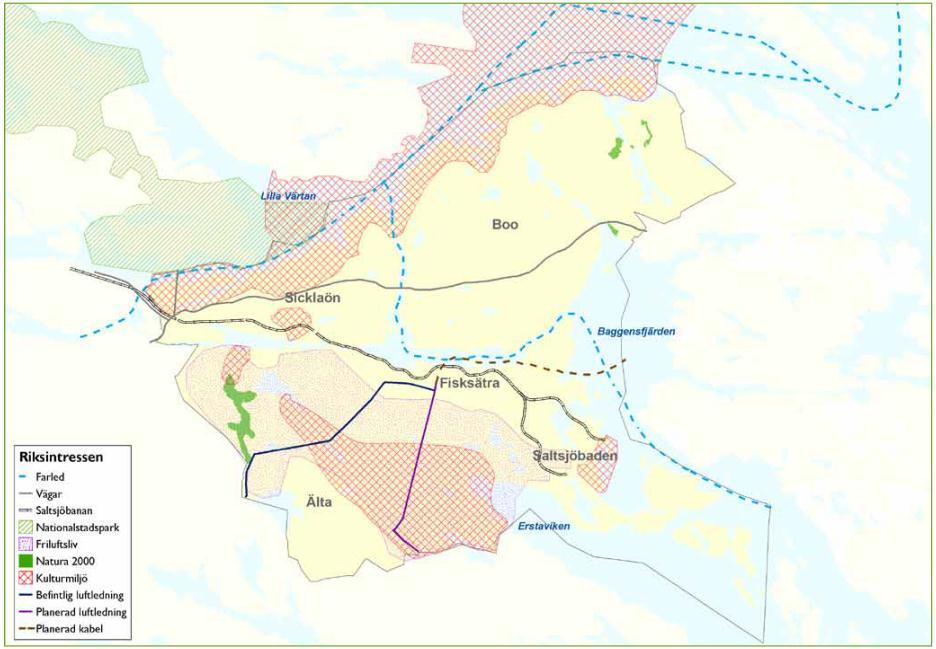 Figur 3. Områden av riksintresse vid Lännerstasundet (ur utställd version av ÖP 2011, Nacka kommun). Farleden genom Lännerstasunden och Baggensstäket utgör också riksintresse för kommunikationer.