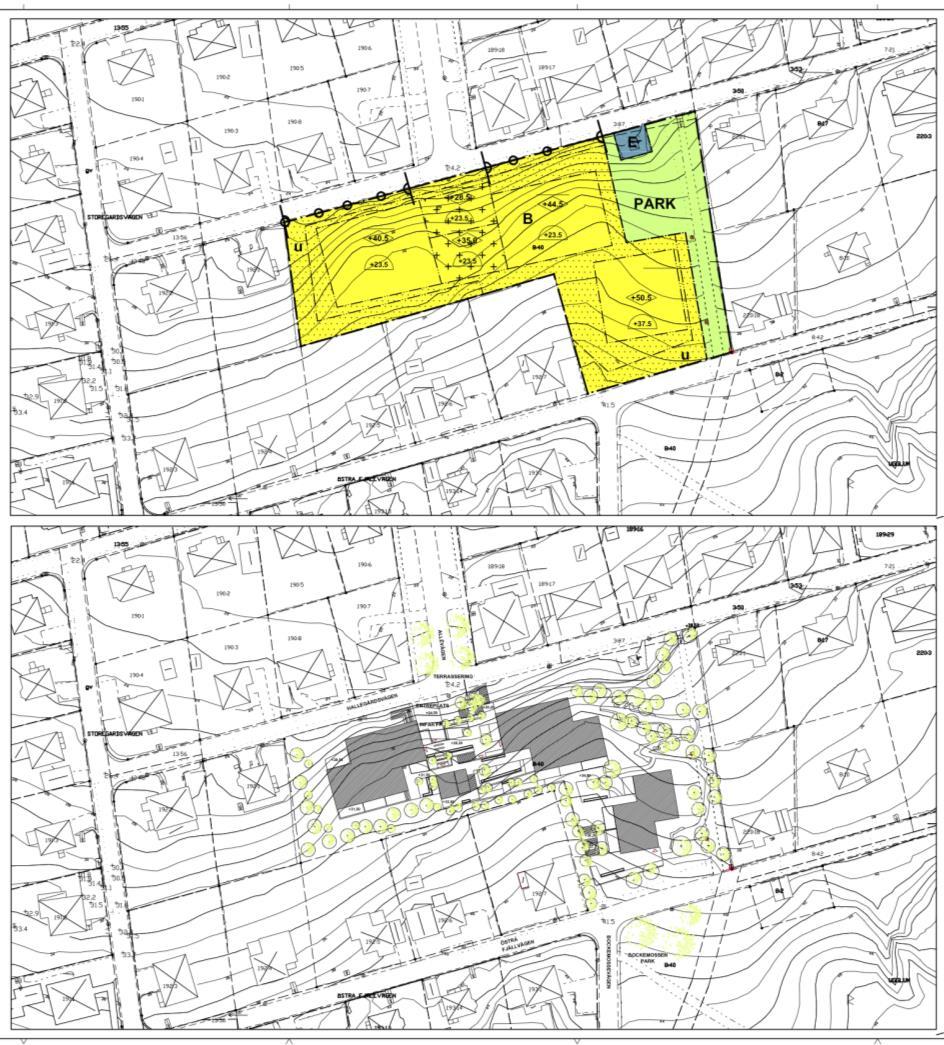 Inventeringsområdet vid Hallegårdsvägen var ca 0,6 ha stort. Nuvarande planer innefattar en exploatering på större delar av området med lite naturmark i öster (figur 2). Figur 2. Plankarta - koncept.