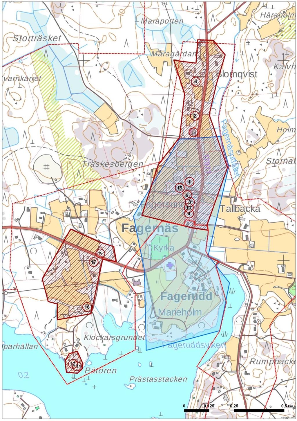 FCG SUUNNITTELU JA TEKNIIKKA OY Rapport 16 (17) Bild 12. Värdeområden och objekt i Fagernäs.