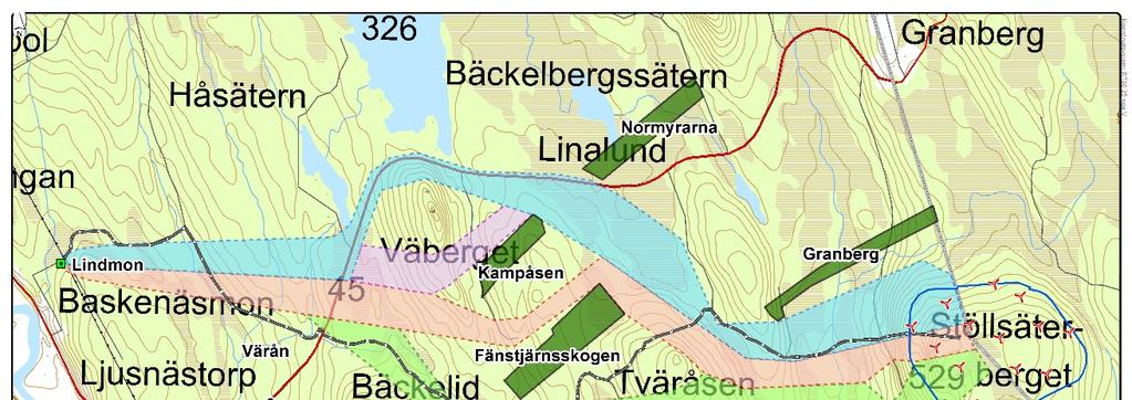 4(14) Studerade alternativa ledningsstråk Mellan projektområdet på Stöllsäterberget och Lindmon transformatorstation planerar Ellevio att bygga en ledning med en konstruktionsspänning på 170 kv.