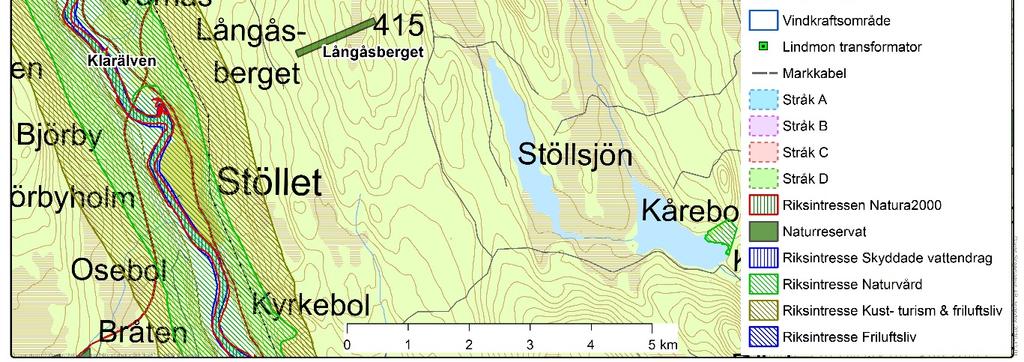 Enligt kommunens översiktsplan från år 2011 går samtliga ledningsalternativ inom ett större område definierat som skogsmark, belägna mellan de angränsande naturreservat som beskrivs i avsnitt 6.2. Samtliga ledningsalternativ korsar europaväg E45/E16.