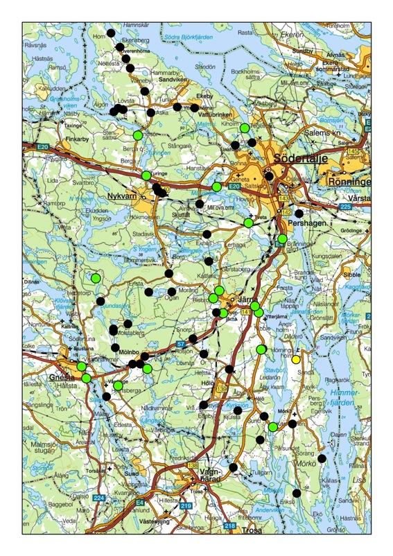 Figur 3. Utter i Södertälje kommun 2017. Gröna lokaler visar på utterförekomst. Svarta lokaler visar inventerade lokaler utan utterförekomst.