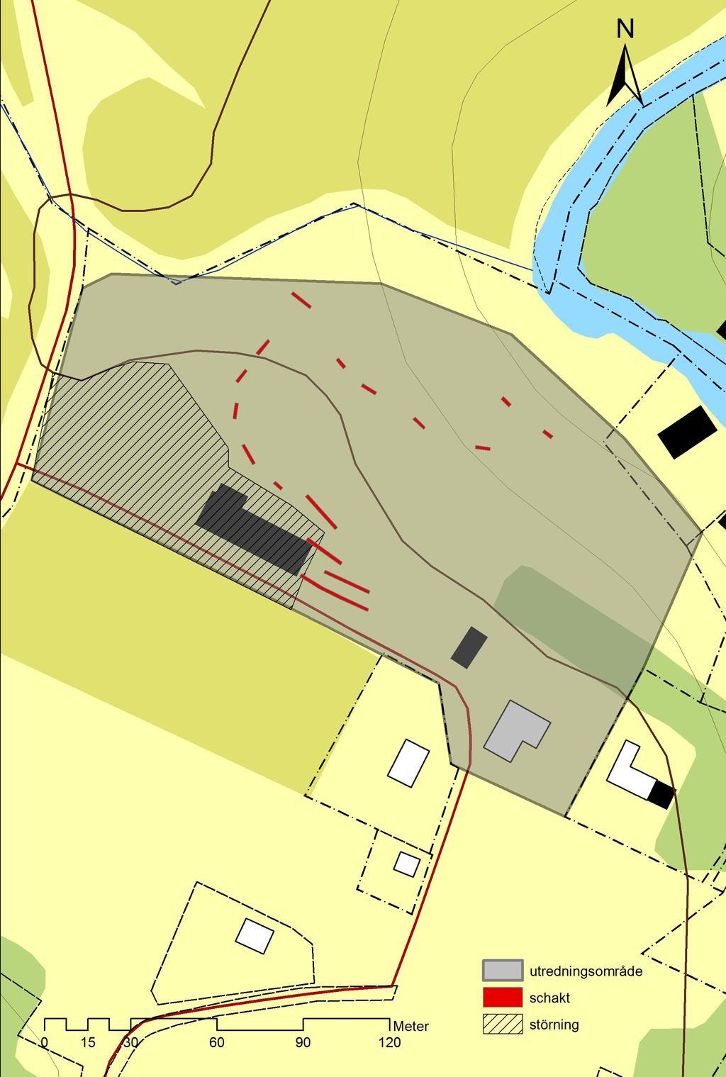 Figur 4. Utredningsområdet med schakt och störningar markerade.