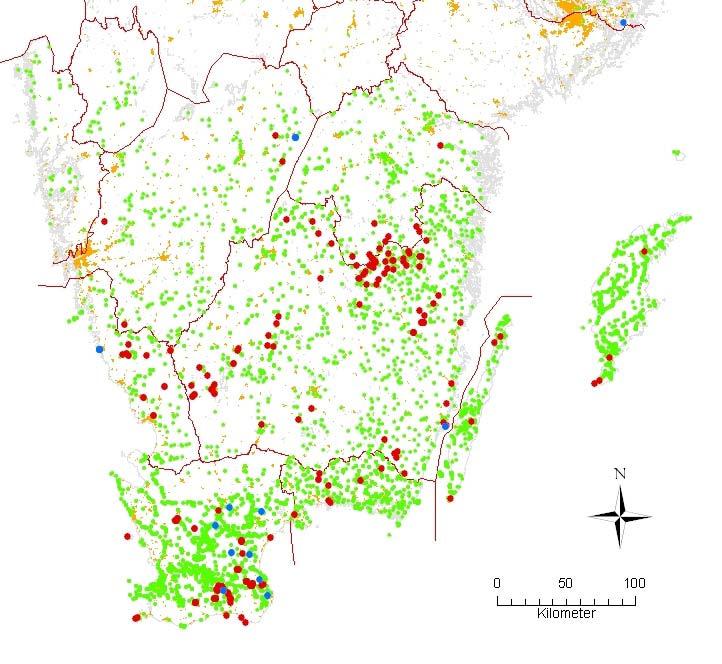 Undersökta lokaler 1978 2008 i Götaland (gröna prickar)