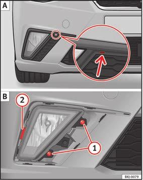 Nödfall Blinkers och varselljus/positionsljus 1) Bild 98 I motorrummet: blinkersglödlampa 1 och varselljusglödlampa 2. Öppna motorhuven. Vrid lamphållaren bild 98 1 eller 2 åt vänster och dra.