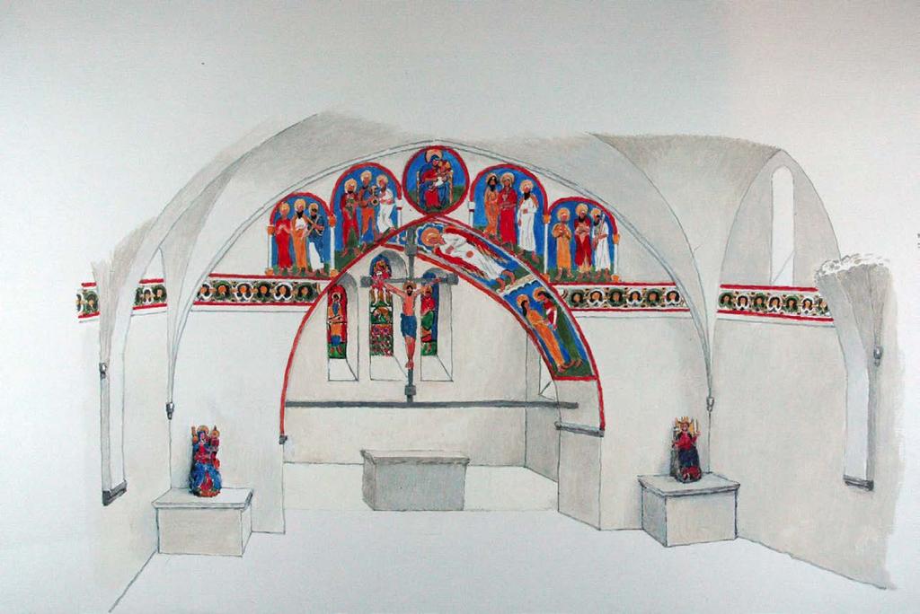 Rekonstruktion av interiören i Jomala kyrka, mot öster. St. Olof på sitt sidoaltare i söder.