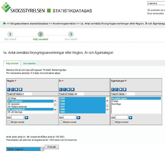 Skogsstyrelsen 2017-12-01 2(4) 2. Välj variabelvärde. För varje variabel ska du välja minst ett värde. Varje variabel och de värden som går att välja finns i en listruta.