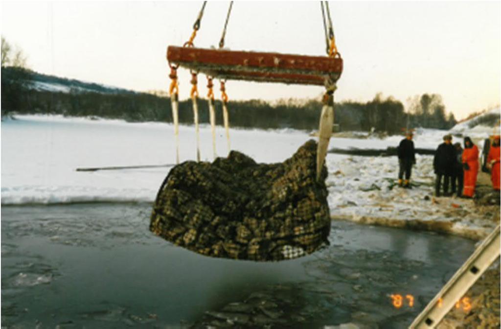 Figur 22. Utläggning av gabionmadrasser med nät av plast i Klarälven.