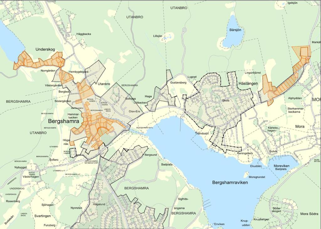 Figur 2. Bergshamra. I projektet berörda fastigheter markerade med orange.