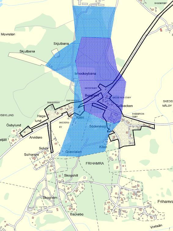 Figur 6. Frihamra, Kilen. Befintligt och utbyggt verksamhetsområde för vatten inom svart markering.