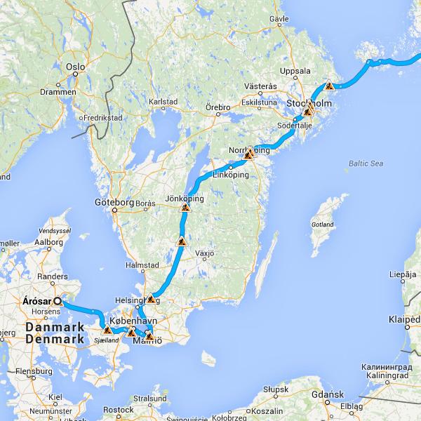 Taktu ferjuna Aarhus - Sjællands Odde til Sjællands Odde 71,9 km, 1 klst., 37 mín. Haltu áfram á Leið 21. Aktu E20 og E4 til E18 í Norrtälje, Sverige 827 km, 8 klst., 10 mín. 9.