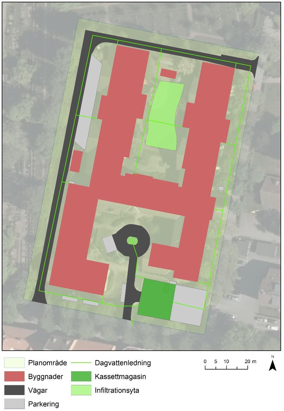 DAGVATTENUTREDNING BRUNNSGÅRDEN 19 Figur 4. Föreslagen dagvattenhantering inom planområdet. Dagvattenledningar och anslutning till takavvattning är endast inritade schematiskt.