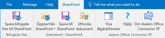 Klicka på någon av följande knappar i Connectorns verktygsfält: Spara bifogade filer till SharePoint Spara till SharePoint Den första knappen Spara bifogade filer till SharePoint används då bifogade
