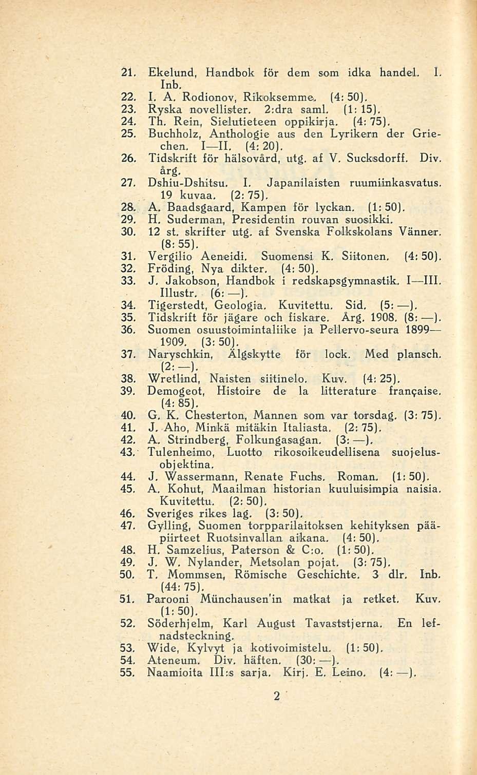21. Ekelund, Handbok för dem som idka Händel. I. Inb, 22. I. A, Rodionov, Rikoksemme, (4; 50). 23. Ryska novellister. 2;dra saml. (1; 15). 24. Tb. Rein, Sielutieteen oppikirja. (4:75), 25.