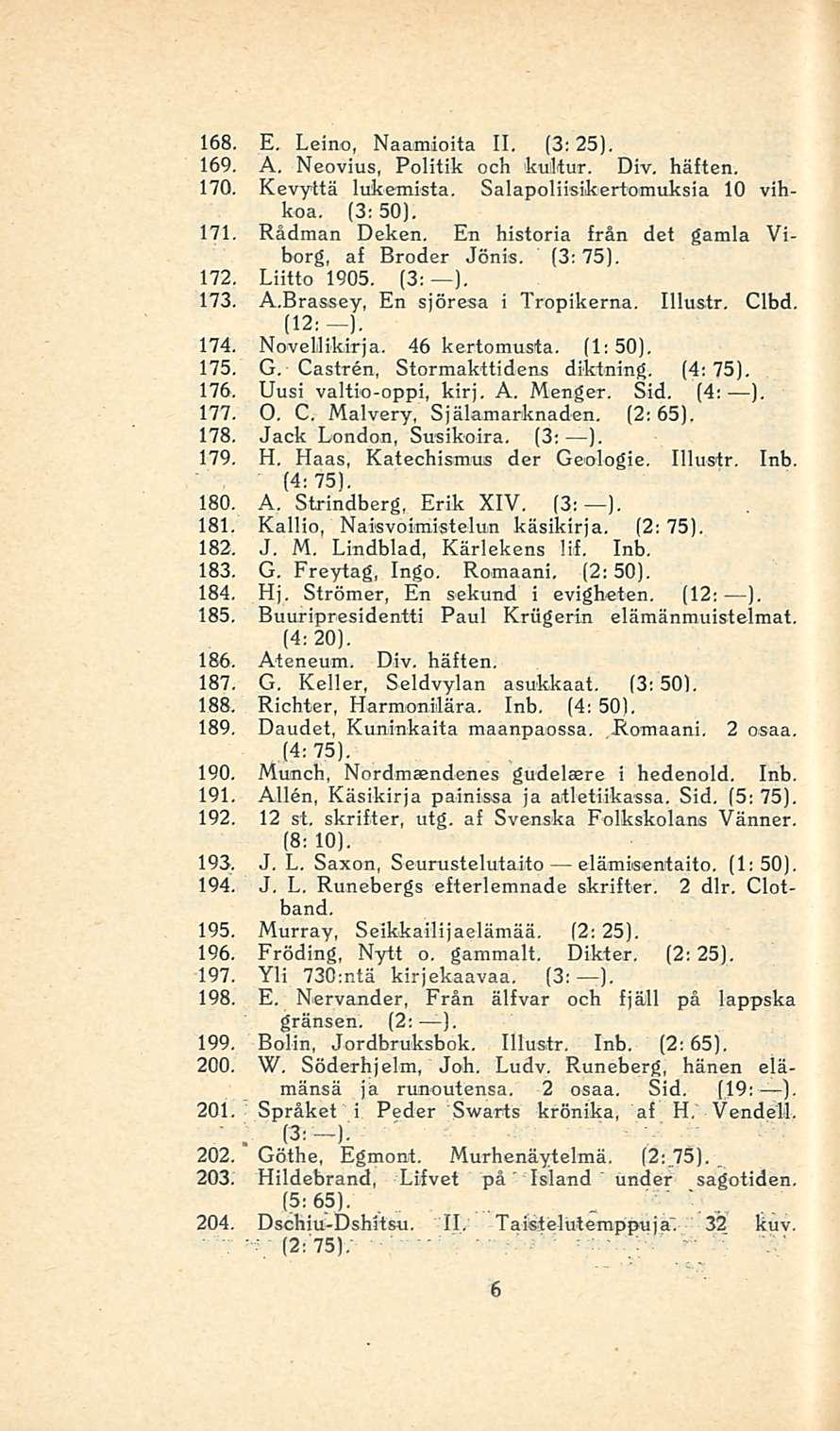(3: 168. E, Leino, Naamioita 11, (3: 25). 169. A, Neovius, Politik och kulltur. Div, häften. 170. Kevyttä lukemista. Salapoliisikertomuksia 10 vihkoa. (3; 50). 171. Rädman Deken.