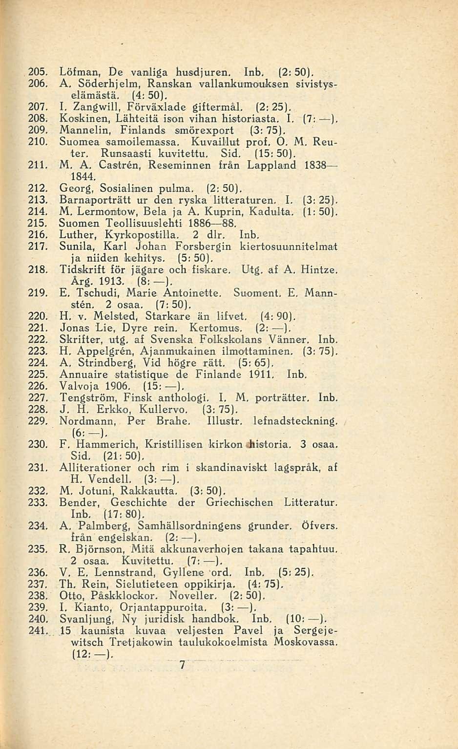205. Löfman, De vanliga husdjuren. Inb. (2; 50). 206. A, Söderhjelm, Ranskan vallankumouksen sivistyselämästä. (4; 50). 207. I, Zangwill, Förväxlade giftermål, (2; 25). 208.